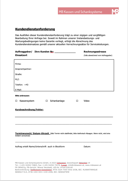 Formular Kundendienstanforderung